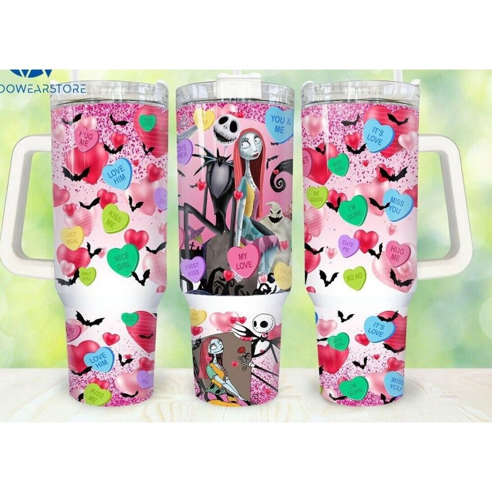 Jack and Sally Candy Heart, Valentines Day, Love 40oz Tumbler with Handle and St